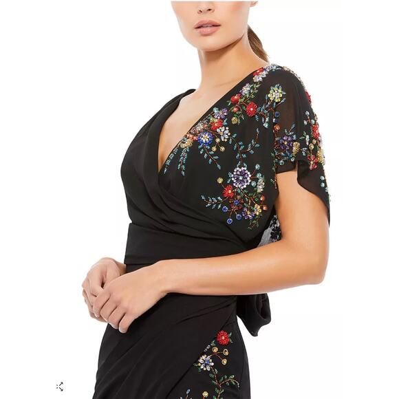 Mac Duggal Faux Wrap Multi Colored Beaded Floral Ruched Gown G1690 Sz 8 NWT - Picture 2 of 13